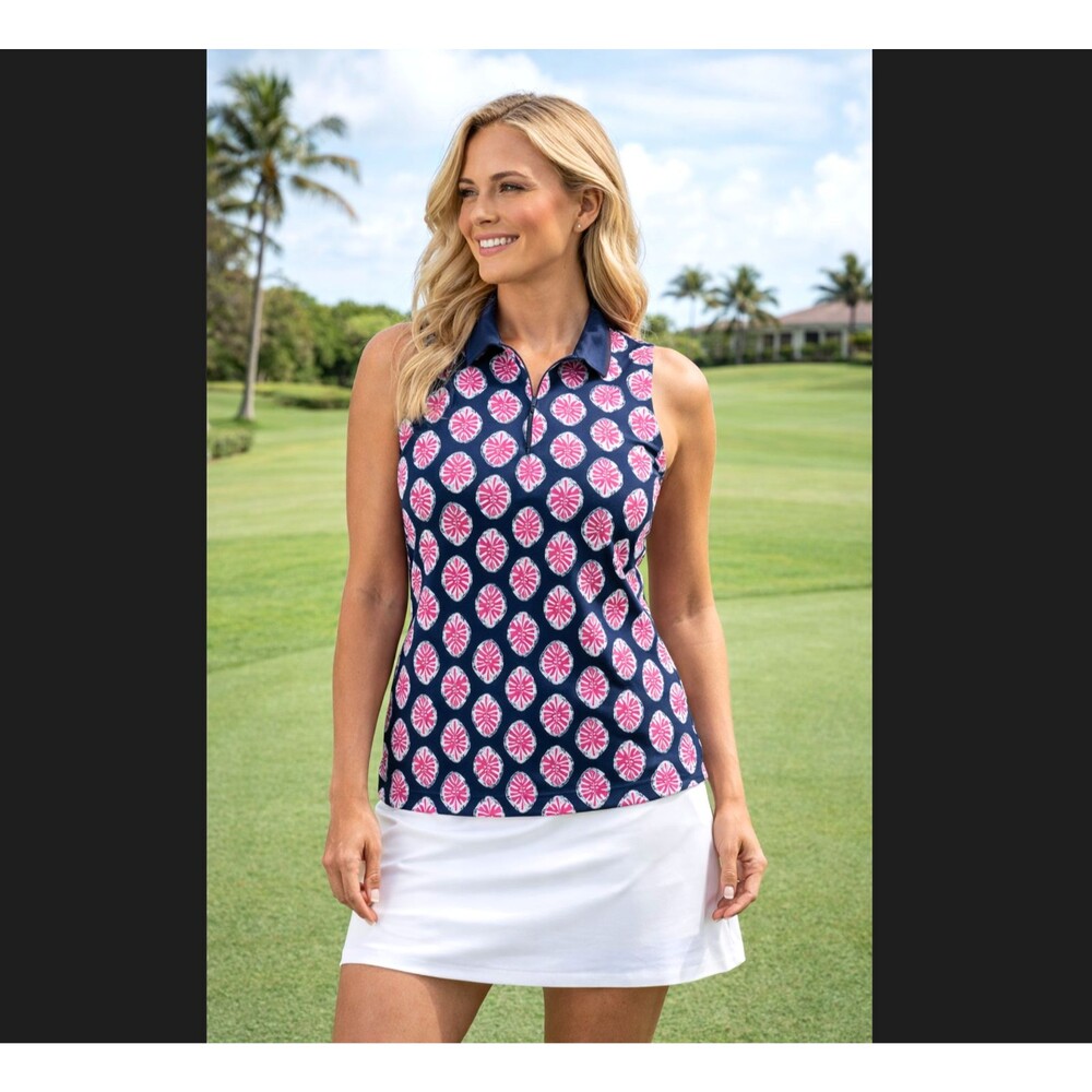 Tommy Bahama Golf Polo L Sleeveless Top UPF Wicking Zip Navy Pink Tropical NWT